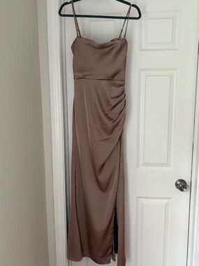 NEVER ALTERED Azazie Leonis stretch satin dress in taupe